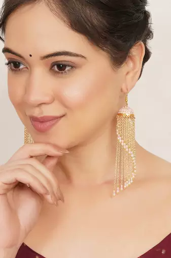 pink alloy jhumkas with meenakari chain bead work design