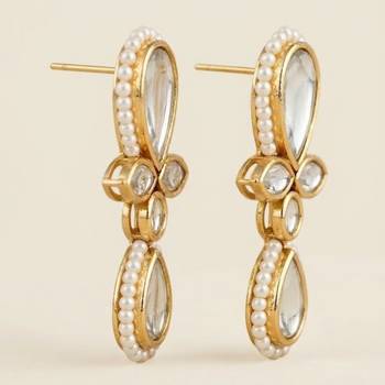 white alloy earrings with kundan pearl drop floral work 5