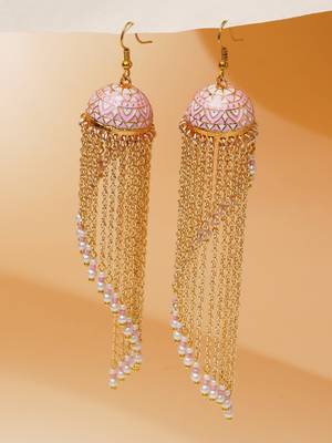 pink alloy jhumkas with meenakari chain bead work design 3