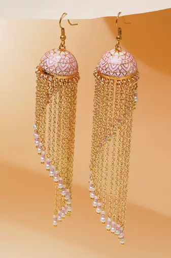 pink alloy jhumkas with meenakari chain bead work design