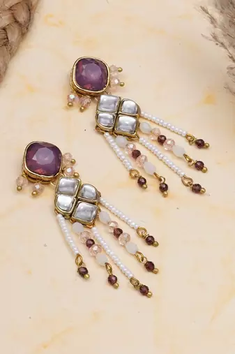 purple alloy earrings with kundan pearl work design