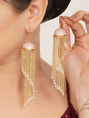 pink alloy jhumkas with meenakari chain bead work design 4