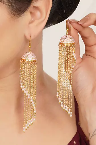 pink alloy jhumkas with meenakari chain bead work design