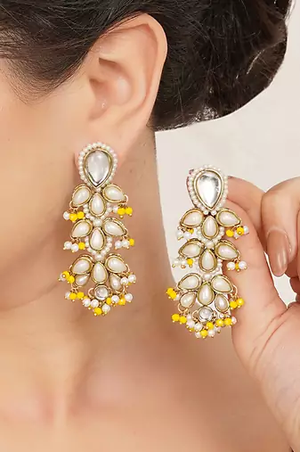 white alloy earrings with pearl tiered chandelier work