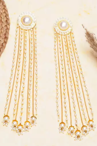 white alloy earrings with pearl chain hanging tassel work