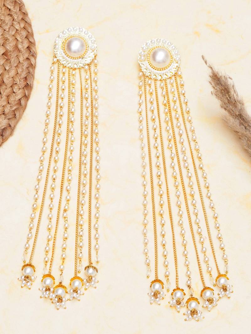 white alloy earrings with pearl chain hanging tassel work
