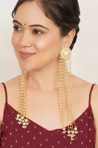 white alloy earrings with pearl chain hanging tassel work