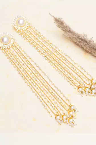 white alloy earrings with pearl chain hanging tassel work