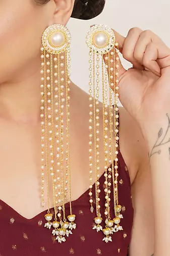 white alloy earrings with pearl chain hanging tassel work