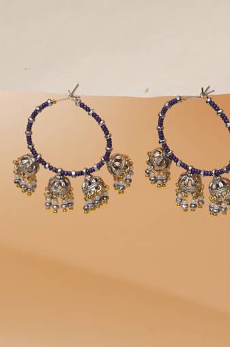 blue alloy hoop earrings with beaded jhumka drop work