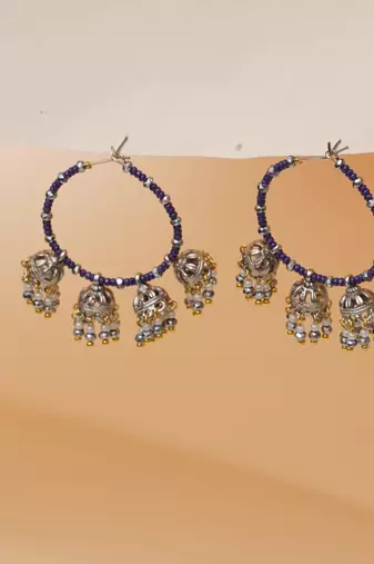 blue alloy hoop earrings with beaded jhumka drop work