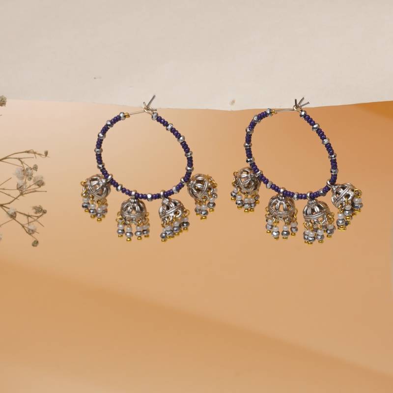 blue alloy hoop earrings with beaded jhumka drop work