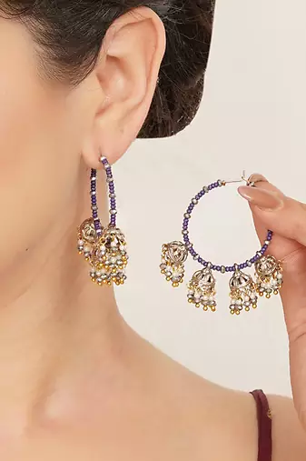 blue alloy hoop earrings with beaded jhumka drop work
