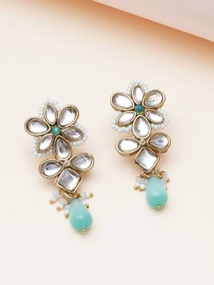 blue alloy earrings with kundan mint floral drop work 1