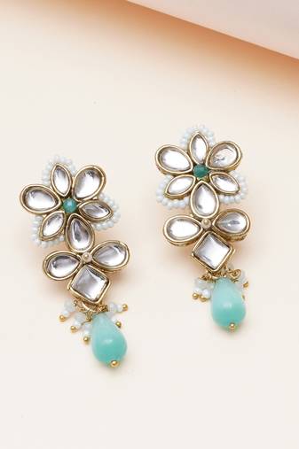 blue alloy earrings with kundan mint floral drop work