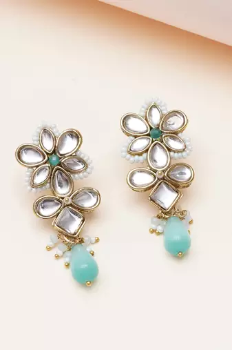 blue alloy earrings with kundan mint floral drop work