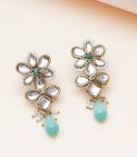 blue alloy earrings with kundan mint floral drop work