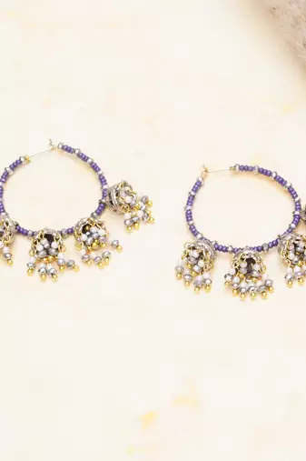 blue alloy hoop earrings with beaded jhumka drop work