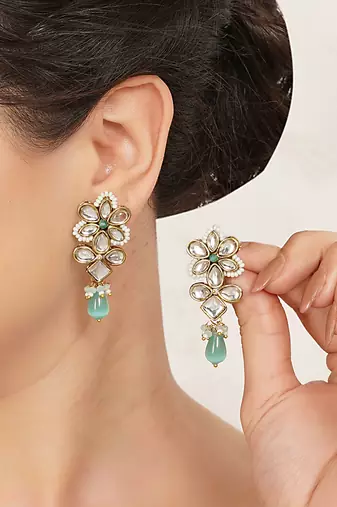 blue alloy earrings with kundan mint floral drop work