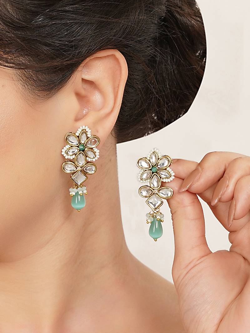 blue alloy earrings with kundan mint floral drop work