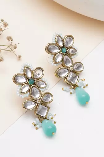 blue alloy earrings with kundan mint floral drop work