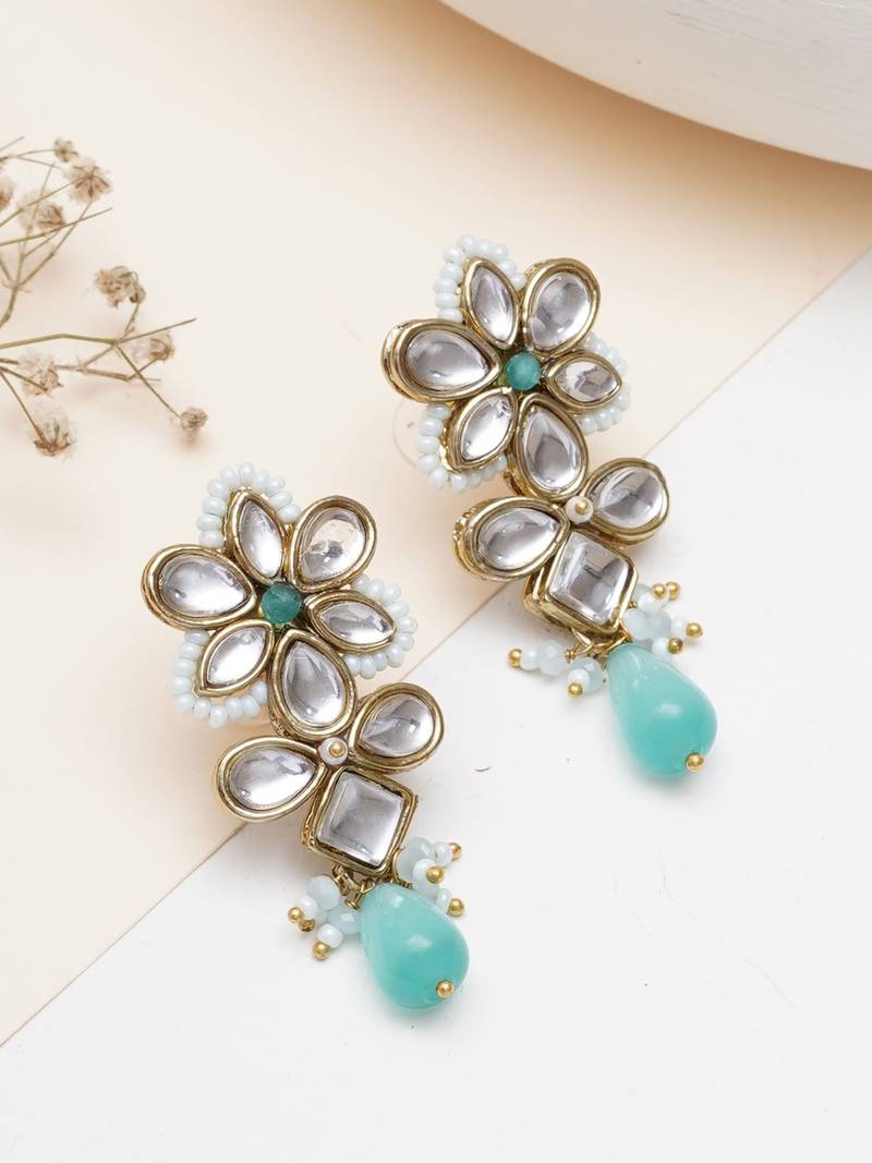 blue alloy earrings with kundan mint floral drop work