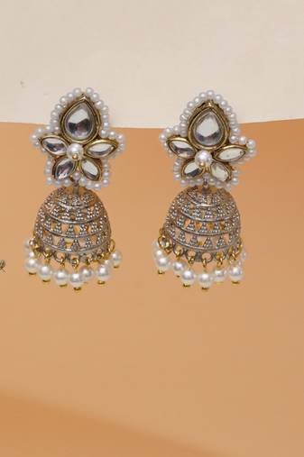 white alloy jhumki with kundan pearl floral work
