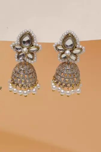 white alloy jhumki with kundan pearl floral work