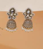 white alloy jhumki with kundan pearl floral work