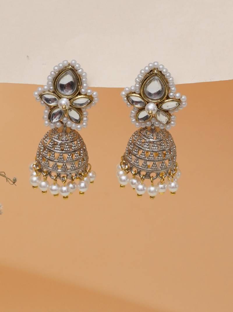 white alloy jhumki with kundan pearl floral work