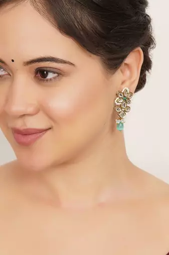 blue alloy earrings with kundan mint floral drop work