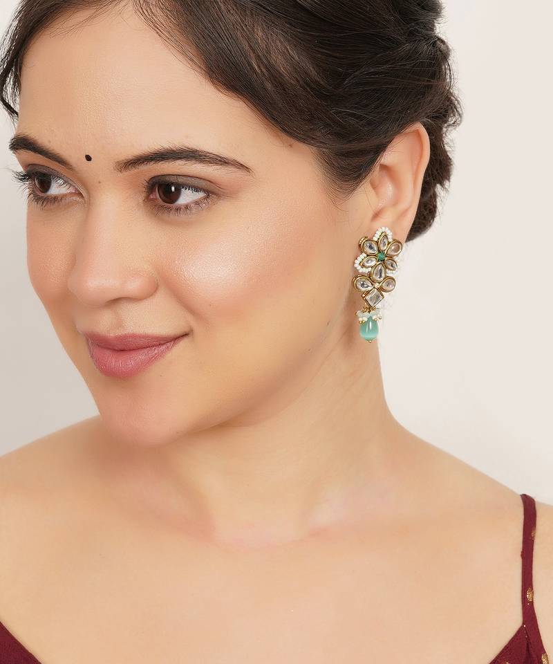 blue alloy earrings with kundan mint floral drop work