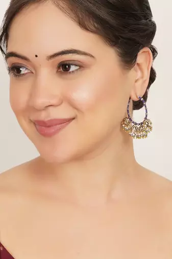 blue alloy hoop earrings with beaded jhumka drop work