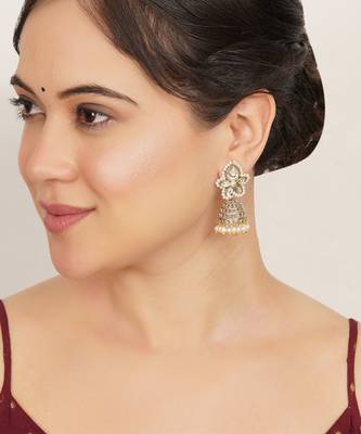 white alloy jhumki with kundan pearl floral work 2