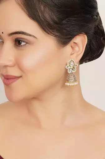 white alloy jhumki with kundan pearl floral work