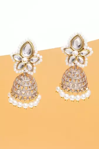 white alloy jhumki with kundan pearl floral work