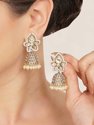 white alloy jhumki with kundan pearl floral work 4