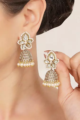 white alloy jhumki with kundan pearl floral work