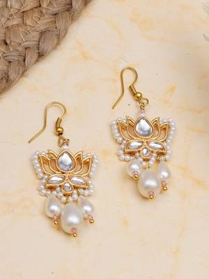 white alloy earrings with kundan lotus pearl work 1