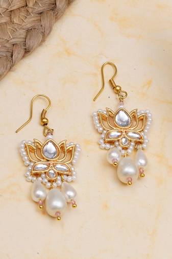 white alloy earrings with kundan lotus pearl work