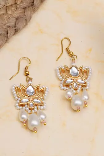 white alloy earrings with kundan lotus pearl work