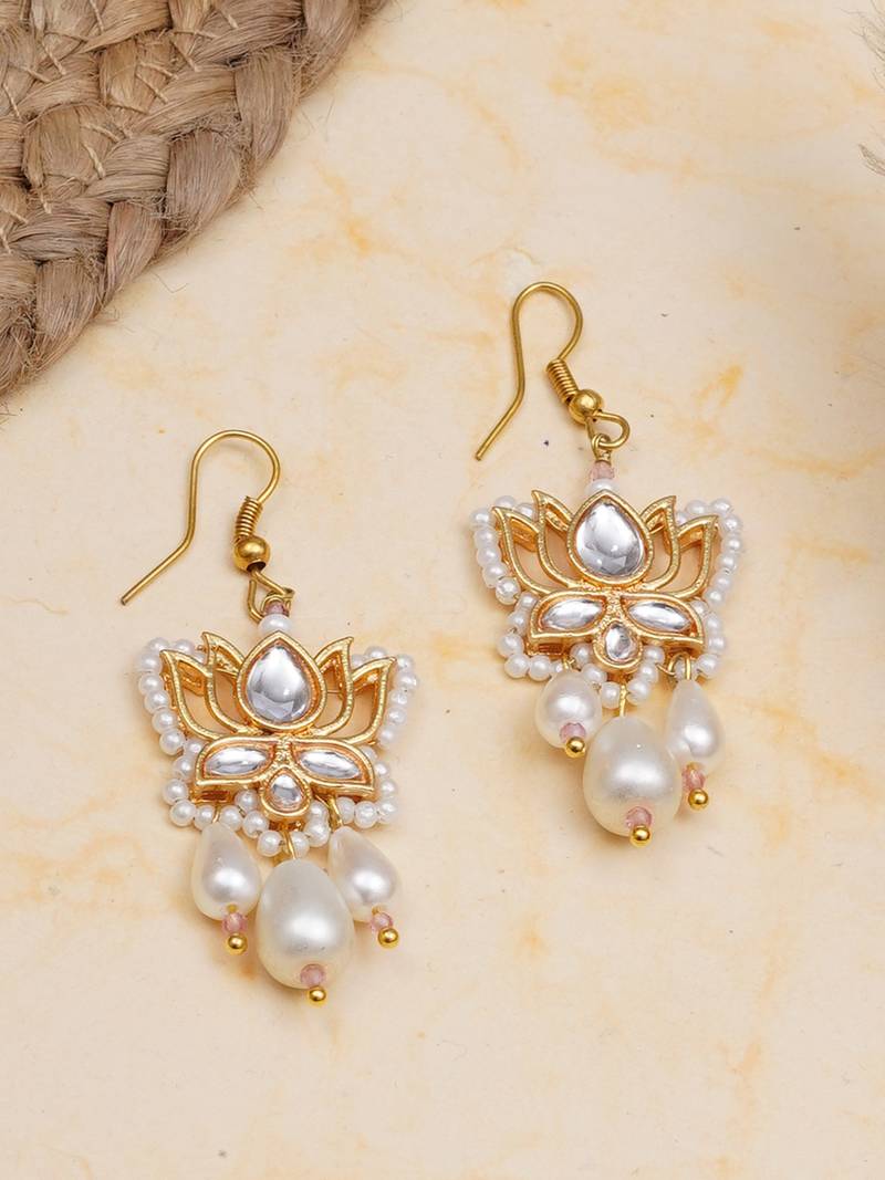 white alloy earrings with kundan lotus pearl work