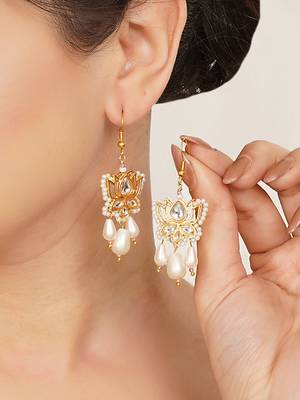 white alloy earrings with kundan lotus pearl work 2