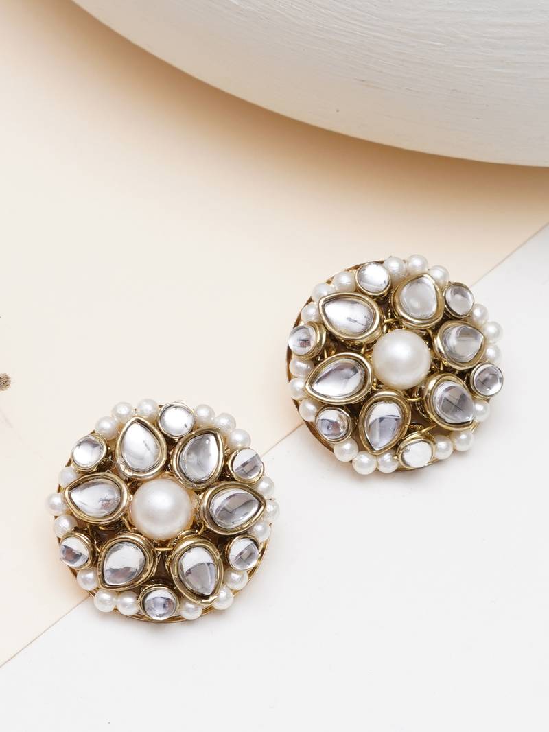 white alloy earrings with mini kundan flower work