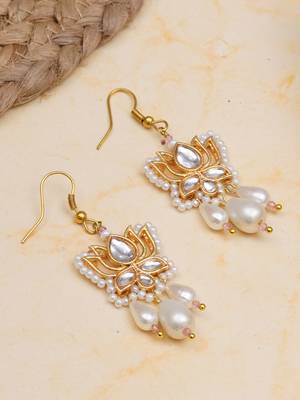 white alloy earrings with kundan lotus pearl work 3