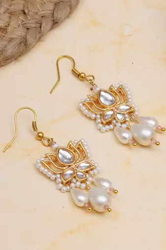 white alloy earrings with kundan lotus pearl work