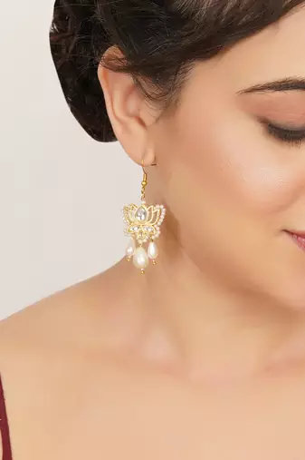 white alloy earrings with kundan lotus pearl work