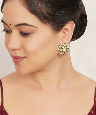 white alloy earrings with mini kundan flower work 4