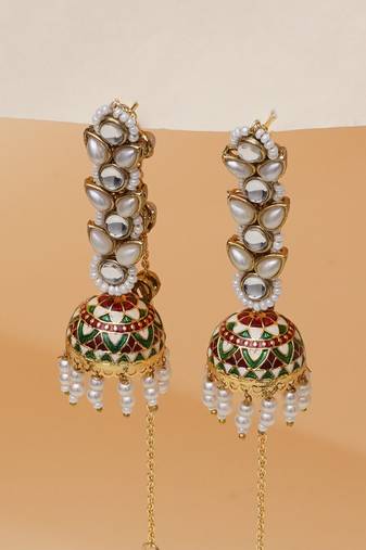 red alloy earrings with kundan meenakari jhumki