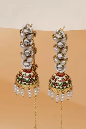 red alloy earrings with kundan meenakari jhumki